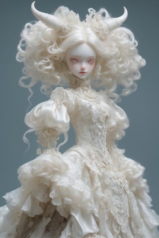 Imagine a ball-jointed doll,albino demon girl,
dressed in a cyberpunk-inspired Rococo dress. The doll features intricate joints, allowing for lifelike poses. Her dress merges the ornate elegance of Rococo with futuristic cyber elements. The fabric is a mix of rich silks and metallic materials, adorned with elaborate lace and digital patterns that glow subtly. The bodice is detailed with delicate ruffles and cybernetic embellishments, while the skirt flares out in layers, combining traditional Rococo volume with sleek, modern lines. Her hair is styled in a powdered wig, interwoven with fiber optic strands, ,DonMM1y4XL
