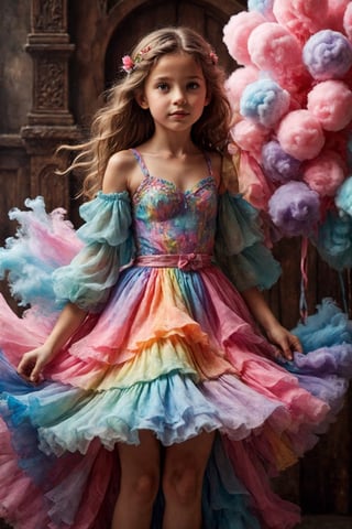 1girl,beautiful Nordic elf, a dress made of seven-colored cotton candy. The gown features layers of fluffy, vibrant hues, blending seamlessly from one color to the next: pink, blue, green, yellow, purple, orange, and red. The bodice is form-fitting, adorned with delicate sugar crystals that sparkle in the light. The skirt is voluminous and airy, resembling clouds of cotton candy, creating a whimsical and enchanting look ,Color Splash,colorful