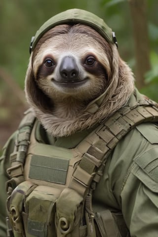 A sloth adorned in modern military gear exudes a powerful and commanding presence,Clad in tactical gear designed for efficiency and functionality, the sloth blends seamlessly into its surroundings with camouflage patterns and durable fabrics,Its keen eyes survey the terrain with precision,anthro,mw,More Reasonable Details