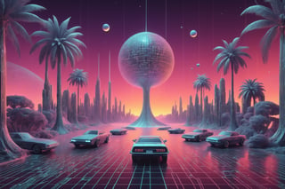 1980's wireframe Retro CG style,Logic hologram wireframe World,(Retro CG),
(wireframe hologram beach),(hologram wire framered sunset),hologram Palm tree,hologram muscle car,
,3D Mesh,3D mesh digital Matrix,Clear Glass Skin,GLASS,Matrix code,Amidst the dynamic world of 3D design,retropunk style