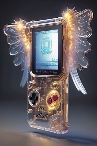 Transparent Body Game Boy, with angelic wings sprouting from its sides hovers gracefully in the air, its buttons and screen aglow with a soft celestial light. The wings, delicate yet radiant, seem to pulsate with a divine energy, lending an ethereal quality to the device.,wings