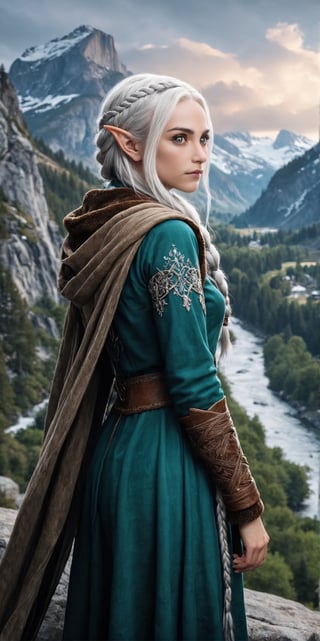 Extreme detailed,ultra Realistic,
beautiful young ELF lady,platinum silver shining hair, long elvish braid, side braid,Beautiful crystal blue eyes,
Wearing leather tunic, hooded cloak, animal fur hood, intricate clothing, animal fur clothing, dark clothing, waistband, scarf, soft smile, bending posture, looking into the distance, 
snowy mountain scenery, overlooking valley, river, white clouds, seen from behind,ol1v1adunne,DonM3lv3sXL,niji6,perfect likeness of TaisaSDXL,y0sem1te