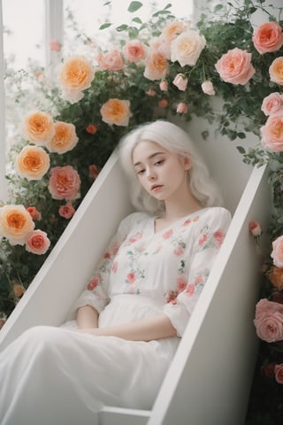 White-haired girl sitting in white coffin,
Filled with roses, art by Rinko Kawauchi, naturalistic pose, youthful energy, cool expression, body extensions, flowers in the sky, analogue film, super detail, dreamy lofi photo, colourful, covered in flowers and vines, inside view,. FlowerStyle,r,hhc,interior,real_booster