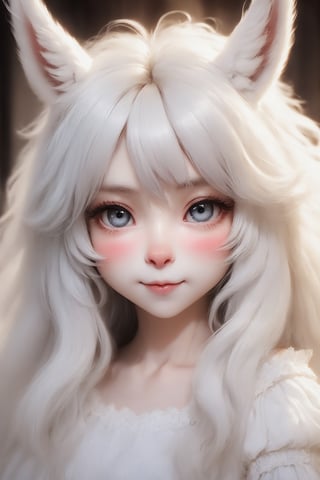 alpaca girl,((anthropomorphic alpaca girl)), with soft, fluffy hair in a beautiful shade of white, large expressive eyes and long eyelashes, and ears on her head that resemble those of an alpaca. She is playful, kind, and exudes an aura of calm. Anthro,anthro,knight,photo r3al,photo,yoomin
