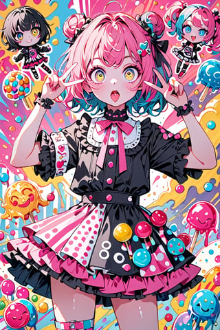 children's doodle style,
Colorful pop art, candy pop, lollipop punk, brightly colored berry beans, emo pink lolita girl,big Eyes,A dress made of jelly and ice cream,double v, tongue out,
 maximalism design,emo,dal-6 style,Color Splash,dramaticwatercolor,aihoshinopose