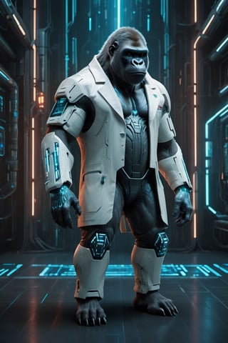The cyberpunk-style gorilla in a white coat is a striking fusion of nature and technology. The gorilla's powerful physique is accentuated by sleek, metallic cybernetic enhancements embedded throughout its body. Its white coat, reminiscent of a lab technician's attire, contrasts with the cybernetic implants and glowing neon circuits that adorn its form. A visor with augmented reality displays covers its eyes, enhancing its vision and providing vital information in real-time. Despite its imposing presence, there's an air of intelligence and sophistication about the cybernetically enhanced gorilla as it navigates its futuristic environment with ease, perhaps serving as a symbol of the advancements of science and technology in a cyberpunk world.,Cyberpunk Doctor,Colorful Binary Code Energy