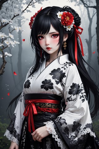 1Girl,The Japanese Gothic fantasy-style, Snow White, combines elements of traditional Japanese clothing with Gothic fashion,Her kimono is predominantly white, adorned with floral patterns and intricate black motifs. Gothic-style lace decorates the cuffs and hem, adding delicate details to the ensemble. Adorning her head is a Japanese-style hair ornament with Snow White's signature red ribbon, complementing her beautiful black hair,dal,white eyes