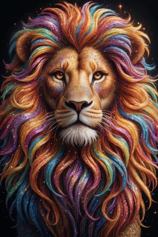 The lion's mane intricately woven with an array of vibrant colors, shimmering in seven hues. Each strand of the mane intricately braided, creating a mesmerizing and majestic display. As the lion prowls, its mane ripples with every movement, casting a kaleidoscope of colors that dazzles and captivates all who behold it.,Rainbow haired girl ,colorful,glitter