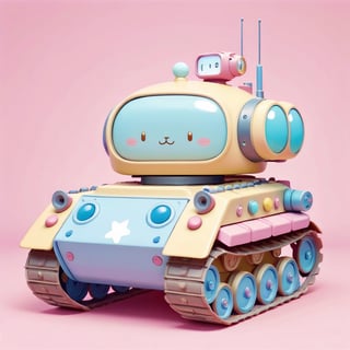 featuring a small Military Kawai tank designed in the Sanrio character style, adorned with fanciful colors. Envision a delightful and whimsical tank with charming details, drawing inspiration from the playful aesthetic of Sanrio characters. Incorporate vibrant pastel hues and cute elements, ensuring the tank exudes a sense of both charm and fantasy. Aim for a composition that captures the essence of Sanrio's signature style while transforming a military vehicle into an adorable and fanciful creation.",kawaiitech