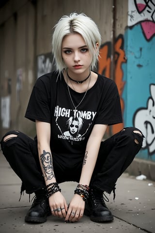 1 tomboy,Androgynous, boyish woman with emo-grunge fashion, Short, tousled dark hair with colorful streaks. Striking features, minimal makeup with dark eyeliner, Pale skin,ear piercings,
Outfit:Oversized distressed band t-shirt,Ripped black skinny jeans,Heavy combat boots,Layered silver necklaces and bracelets, slight smirk. Urban background, graffiti wall,
Style: High contrast photography, moody lighting. Gritty texture, desaturated colors except for hair highlights. Focus on subject's face and outfit details,goth girl