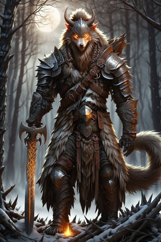 Werewolf warrior in Viking attire,wolf face, massive greatsword resting on shoulder, fur-trimmed leather armor, Norse runes on blade, standing amidst ancient pine forest, misty atmosphere, moonlight filtering through branches, glowing amber eyes, wolf-like features, battle-scarred, muscular physique, braided beard, iron helmet with horns, snow-covered ground, distant howling, photorealistic style, dramatic lighting,LegendDarkFantasy,kawaii knight,cyborg,royal knight,werewolf,IzutsumiPXL,GaelicPatternStyle