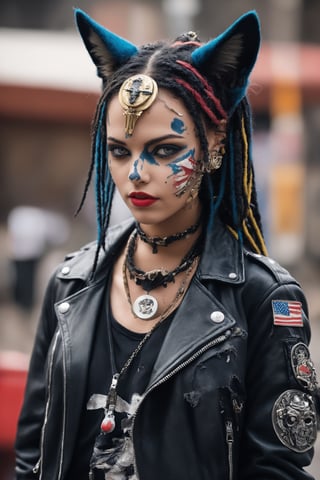 Egyptian goddess Bastet,donned in a vibrant and edgy punk rock fashion ensemble, complete with Ratty dreads, More patchs, Crust core, anti union flag design, dirty torn studded leather jacket, hardcore Punk Style jacket, lot Punk badge, dirty black leather pants, dirty long torn leather bootsstuds, and unconventional accessories, rebellious punk aesthetic, 