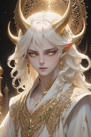 Beautiful albino demon boy,(long Demon horns:1.2), Arabian Nights-inspired ensemble, evoking the mystique and allure of the desert nights. Dressed in flowing robes adorned with intricate gold embroidery and jewels, he exudes an air of exotic elegance. His pale skin contrasts beautifully with the rich fabrics, while his eyes gleam with an otherworldly light. With each step, he moves with a sense of grace and confidence, embodying the enigmatic charm of the Arabian Nights tales, Despite his demonic nature, ,ani_booster,ct-niji2