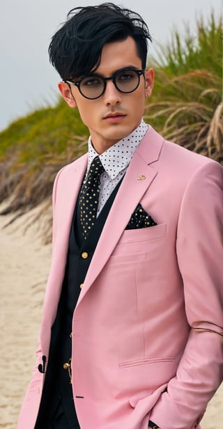 Solo,Realistic photo, nasty man, aesthetic French gentleman, emo aristocratic style,black short hair, black round glasses,(eye shadows),(emo makeup), chic colorful Stylish business suit, with polka dot tie,(luxury golden lapel pin chain),
 rose in chest pocket, Slender man with long legs and tall stature,beautiful sandy beach background,Handsome boy,r4w photo