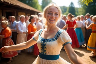 A photograph of a 25-year-old blonde female with a warm, joyful face full of freckles and big blue eyes that are looking directly at the viewer. She is captured in mid-dance, wearing a traditional folklore dress during a village festival on a sunny day. The image is taken from the point of view of a man dancing with her, giving the impression that the viewer is her dance partner. Sun rays are filtering through the scene, created with ray tracing to give a lifelike effect of sunlight. The environment is festive and colorful, with the background slightly blurred to focus on her expressive face and the details of her dress. The lighting is natural and bright, enhancing the cheerful atmosphere.,360 View