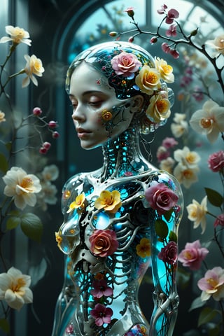 1girl,solo,"Transparent glass female cyborg. Skeleton and organs made of vibrant flowers. Mechanical joints visible. Heart of roses, lungs of hydrangeas, brain of orchids. Flowers spilling from slight cracks. Soft backlighting emphasizing transparency. Elegant pose. Simple futuristic background. Photorealistic style with high detail on glass and floral elements.",Clear Glass Skin,tranzp