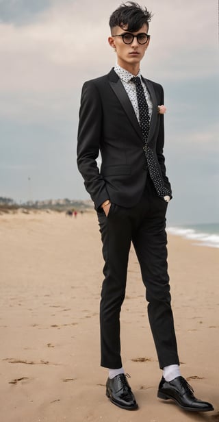 Solo,Realistic photo, nasty man, aesthetic French gentleman, emo aristocratic style, short hair, black round glasses,(eye shadows),(emo makeup), chic black business suit with polka dot tie,(luxury golden lapel pin chain),
 rose in chest pocket, Slender man with long legs and tall stature,beautiful sandy beach background