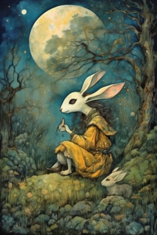 fairy tale illustrations,Simple minimum art, 
myths of another world,Perfect sky, moon and shooting stars,moon on face,
pagan style graffiti art, aesthetic, sepia, ancient Russia,(holy bard),
A female shaman,(wearing a rabbit-faced mask),nodf_xl, in the style of esao andrews,rabbit kissing sheep,
watercolor \(medium\),jewel pet,acidzlime