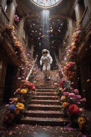 1 man,Astronauts surrounded by flowers, Colorful flowers falling like a waterfall, a flood of petals, astronauts landing on a flower star,staircase,astronaut_flowers,FlowerStyle