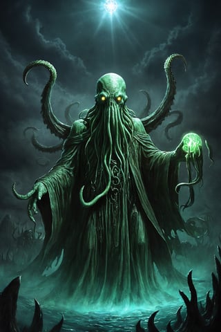 Missionary Cthulhu,emerges from the depths with an otherworldly aura, blending the devout zeal of a missionary with the unfathomable terror of Cthulhu. Cloaked in tattered robes adorned with symbols of ancient cults, it carries a tome filled with forbidden knowledge and dark prophecies. Its eyes glow with an unearthly light as it spreads its message of cosmic dominion to the far corners of the earth. With each step, it leaves behind a trail of madness and despair, converting the unsuspecting into fervent followers of the eldritch faith. The Missionary Cthulhu is a harbinger of doom,LegendDarkFantasy