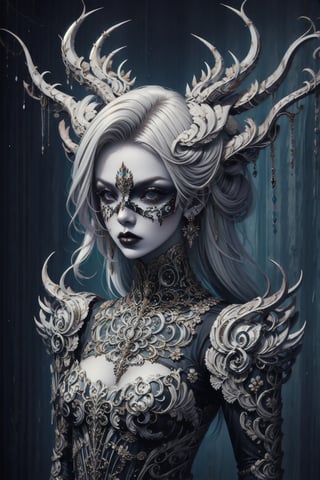 1girl,.albino demon little queen, (long intricate horns), a sister clad in gothic punk attire, face concealed behind a striking masquerade mask,themed,white_aesthetics,photorealistic,Masterpiece,Realistic,dark fantasy