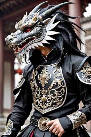 kung fu Punk,1man,a piece of gothic China-punk style art featuring a figure in an excessively decorated Kung Fu outfit. The outfit blends traditional Chinese elements with gothic and punk aesthetics, using dark, rich fabrics, intricate embroidery, metal spikes, chains, and lace accents,(wears a striking dragon mask), combining fierce dragon elegance with dark, ornate patterns. The mask's eyes have an otherworldly glow, enhancing the enigmatic presence., oriental dragon