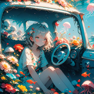 Simple minimum art, myths of another world,
pagan style graffiti art, aesthetic,
1boy, interior of an old car, many beautiful blooming flowers, the car covered with plant vines, the interior of the car, a boy sitting in the car, the car is sunk at the bottom of the sea, beautiful flowers and coral reefs, many jellyfish surround the boy, flower car, in car,anime,underwater,emo,dal-1,Deformed