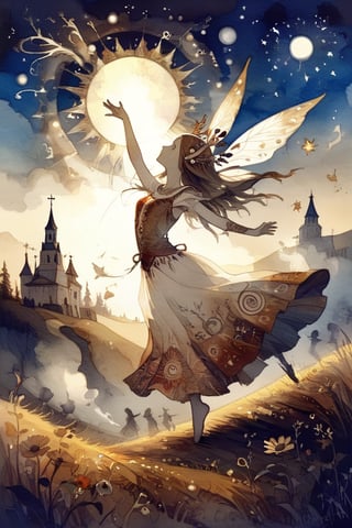 fairy tale illustrations,Simple minimum art, 
myths of another world,Perfect sky, 
pagan style graffiti art, aesthetic, sepia, ancient Russia,(holy bard),
A female shaman,sunny day,
 warm sunlight,Golden meadow, girl dancing in the meadow,
watercolor \(medium\),DonMP4ste11F41ryT4l3XL,