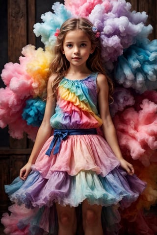 1girl,beautiful Nordic elf, a dress made of seven-colored cotton candy. The gown features layers of fluffy, vibrant hues, blending seamlessly from one color to the next: pink, blue, green, yellow, purple, orange, and red. The bodice is form-fitting, adorned with delicate sugar crystals that sparkle in the light. The skirt is voluminous and airy, resembling clouds of cotton candy, creating a whimsical and enchanting look ,Color Splash,colorful