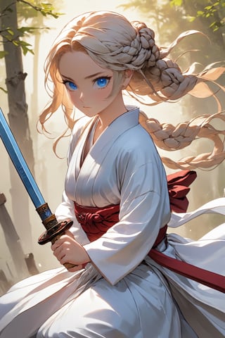 one girl,
A girl wearing pure white Japanese clothes, blue eyes, beautiful face, very delicately woven braided hair, incredibly complex braided hair, pure white Japanese clothes, red obi, white hakama,ready to draw,sword and slashing at the enemy the moment it takes,DonMM1y4XL,Expressiveh,concept art