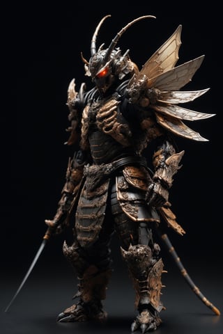 A samurai armored in a suit reminiscent of a giant hornet, with sleek, angular plates crafted to resemble the insect's exoskeleton. The helmet features menacing hornet-like antennae, and the mask is adorned with intricate designs resembling the insect's eyes.,warrior,ROBOT,action figure