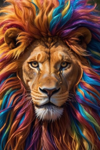 (Animal),lion, lion's mane intricately woven with an array of vibrant colors, shimmering in seven hues. Each strand of the mane intricately braided, creating a mesmerizing and majestic display. As the lion prowls, its mane ripples with every movement, casting a kaleidoscope of colors that dazzles and captivates all who behold it.,Rainbow haired girl ,colorful