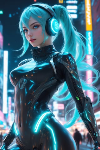 SCORE_9, SCORE_8_UP, SCORE_7_UP, SCORE_6_UP,
1girl,cyberpunk elf girl,Hatsune Miku,smile☺,She has sleek metallic Racing suit with neon-lit circuits and glowing interfaces, Her pointed ears feature high-tech devices, and her eyes emit a soft, luminescent glow, enhanced with augmented reality overlays. Vibrant, electric-colored hair flows down her back, intertwined with fiber-optic strands that pulse with data. She wears a fitted, futuristic bodysuit with intricate, glowing patterns, and her cybernetic limbs are equipped with advanced weaponry and tools. She moves through a neon-drenched urban landscape, blending organic grace and technological sophistication, embodying the essence of a cyberpunk elf.,xl_cpscavred,txznmec,racingmiku2022,Realistic Blue Eyes