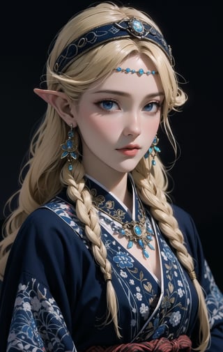 , a beautiful elf girl,elf ear,Blonde hair,blue eyes, wearing traditional Ainu attire, adorned with intricate embroidery and patterns symbolizing Ainu culture, Her garments include a dress and apron,Completing her look is a unique headpiece that enhances her beauty,With pride in Ainu culture,Misery Stentrem,Nina Aslato