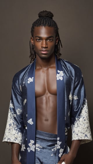 ultra Realistic,
high-Detailed beautiful face,cowboy shot,
young African man,dark skin,black long dreads,
full body,perfect Face,wear kimono very loose and slovenly,luxury male kimono,
European antique room background,p3rfect boobs,cleavage,perfecteyes,