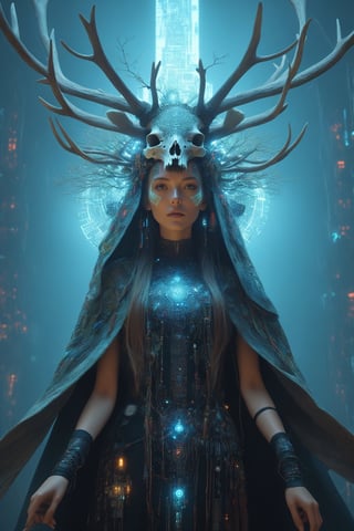 A cybernetic shaman girl, with a large elk skull on her head, strange LED decorations entwined with dead branches, a cape made of intricate circuit boards, a mysterious and colorful Celtic shaman's costume, the girl is surrounded by a mysterious and electronic aura,extremely detailed,circuitboard,DonMSt34mPXL