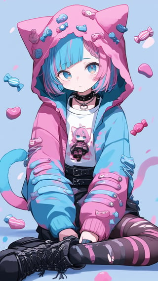 dal-3,vtuber girl,Solo,
cute anime characters,Beautiful blue eyes,asymmetric bangs,candy punk Fashion,cat ear hood,Pastel colored clothes based on blue and pink,Pastel Emo Fashion, Anime Print Shirt,Gothic Style tights, long military boots,,dal-6 style,pink-emo,emo,Visual_Illustration,c0l0urc0r3