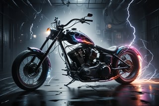Chopper bike made from entangled lights, lightning, and light particles, 10,000 colors,ink,noir,smoke