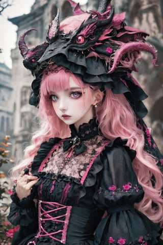 A Gothic Lolita girl with dragon eyes and dragon horns,Depth and Dimension in the Pupils,
gracefully crystalline cheeks, her attire adorned with intricate pink lace and dark, ethereal fabrics,(intricate dragon horns) elegantly complement her elaborate hairstyle, creating a mystical and captivating presence. Her eyes, reminiscent of a dragon's gaze, exude an otherworldly charm, adding a touch of fantasy to the Gothic Lolita aesthetic. The fusion of traditional Lolita elements with dragon-inspired details results in a unique and enchanting character.,dragon-themed,goth person,lolita_fashion,Dragon,gemsdragon