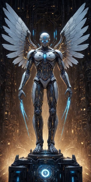 A cybernetic angel statue, with wings made of circuit boards and machine parts, emitting a soft, ethereal glow. Its metal and flesh body blends technology with divine grace, symbolizing harmony between the digital and spiritual realms. The statue stands on a marble pedestal, emanating a gentle light, offering a glimpse into a futuristic world of technological spirituality.,Energy light particle mecha,DonMSt34mPXL,DonMC1rcu17Pl4nXL