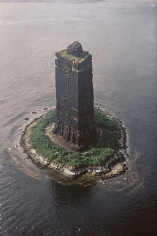 Low quality photos, footage taken by accident, old photos,Handheld camera images, subtitles, time stamps,Time stamp Text:((1982-2-28)),
Aerial view of a huge jet-black monolith protruding from an uninhabited island, seen from above, the monolith is decorated with mysterious and mechanical geometric patterns, creating a striking contrast to the natural environment of the island ,VHSfootage,DonMSt34mPXL,island,brscprk_01