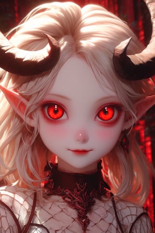 1 girl, (masterful), albino demon girl,((slit pupil eyes)),mesh fishnet blouse, (long intricate horns:1.2) ,alabaster skin, A benevolent smile, girl has Beautiful deep red eyes, soft expression, Depth and Dimension in the Pupils,bondage harness,
best quality, highest quality, extremely detailed CG unity 8k wallpaper, detailed and intricate, ,ExStyle