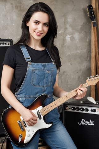 Beautiful American woman,Caucasian, with fair skin, simple features, semi-long black hair,Current eyebrows, refreshing smile,black T-shirt,(wearing overalls:1.2),(playing Electric guitar),Curvy body,denim pants,aesthetic,
BRAKE,
Old garage background, speakers, tools and guitar amp