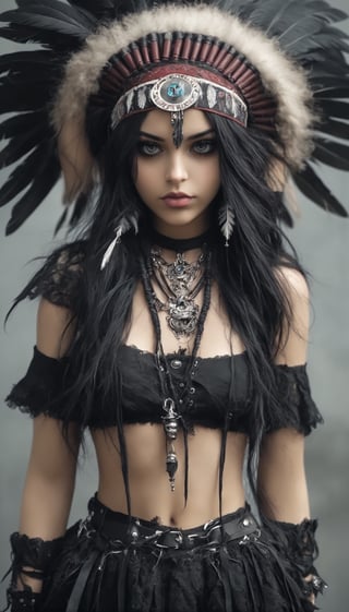 beautiful Nordic girl,Wearing  gothic punk and Native American styles, brings forth a unique fashion statement. Imagine intricate leather detailing, feathered accessories, and bold silver jewelry blending the edginess of gothic punk,traditional elements of Native American attire,This unconventional combination creates a striking and culturally rich,GothEmoGirl,rebevelin