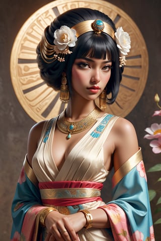 Art nouveau style art,Realistic anime,
melanism Cleopatra,Ancient Egyptian Princess,attire of a OIRAN, Bangs straight bobbed,(dark skin),
creatively blending Egyptian elements with a geisha-inspired look, Envision Cleopatra donning a floral and elegant robe reminiscent kimono, adorned with Egyptian motifs and accessories, Picture the harmonious fusion of Cleopatra's regal charm with the graceful allure of a flower courtesan, creating a unique and captivating representation,Ensure a visually striking image that seamlessly combines the essence of Cleopatra with the artistry of a traditional Japanese OIRAN girl,Extremely Realistic,r0b0cap,miyo,girl,EgyptPunkAI,niji5,Vitiligo,Old