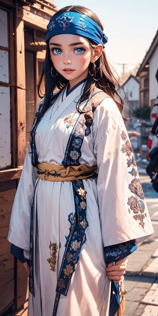 beautiful little girl,10 years old,solo,wearing old traditional Ainu clothing,Russian and Japanese half girl, Shabby threadbare worn-out clothes,beautiful crystal blue eyes,Clothing that has deteriorated over time  Detailedface, Detailedeyes, 
The outfit consists of a robe-like garment  intricately woven fabric, adorned with intricate geometric patterns,wears a 'headband with decorative embroidery,clothing is rich in earthy tones like browns, reds, and greens, 
1 girl,asirpa,