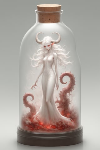 Aesthetics art,official art, (full body), ((tanding in a giant glass bottle)), (long intricate horns:1.2) ,albino demon girl with enchantingly beautiful, alabaster skin, A benevolent smile,girl has Beautiful deep red eyes,soft expression,Depth and Dimension in the Pupils,in a jar,((Cork bottle)),