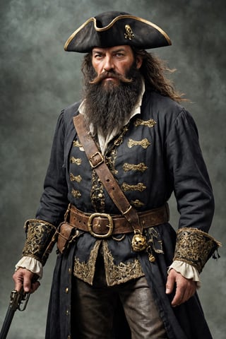 Pirate Blackbeard, elder pirate captain,(much wrinkled face), hard-boiled,Black-rimmed eyeliner,((very very long black beard)),Dirty coat, Luxury feathered tricornered hat,emaciated body, single-minded in respect and fear, dressed in dark shades of Renaissance-style aristocratic clothing, dirty cuffs, gun belt, knee-length boots, wearing intricately crafted ornaments and decorated with numerous gold ornaments,Handsome male,with a beard,pirate