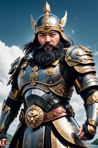  cyborg version of Guan Yu, the legendary Chinese general,(very very long beard:1.2),Clad in futuristic armor adorned with traditional motifs, Cyborg Guan Yu exudes an aura of strength, His cybernetic enhancements include robotic limbs, enhanced senses, and built-in weaponry,The gleaming metal of his cybernetic components contrasts with the ancient symbols engraved on his armor, symbolizing the fusion of past and future. His helmet, resembling a traditional Chinese warrior's helm but with high-tech visors,Background of the great raging river,
with a beard,Chinese_armor,kabuki,scythe,cyborg,exosuit,valkyrie,No keyword