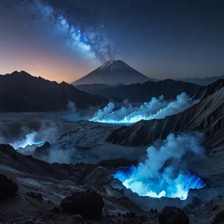 Nighttime scene of Indonesia's Ijen volcano,((blue flames)),Ethereal blue flames erupting from the crater, illuminating the darkness. Sulfuric fire casting an otherworldly glow across the rugged landscape. Smoke and steam rising, creating a mystical atmosphere. Starry sky above, with Milky Way visible. Jagged rocks and barren ground surrounding the crater. Reflections of blue fire in a nearby acidic lake.,BlFire,y0sem1te